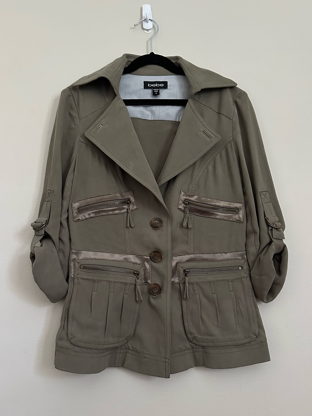 Vintage Y2K Bebe Utility Jacket XS Olive Green Military Grunge Gorpcore Silk